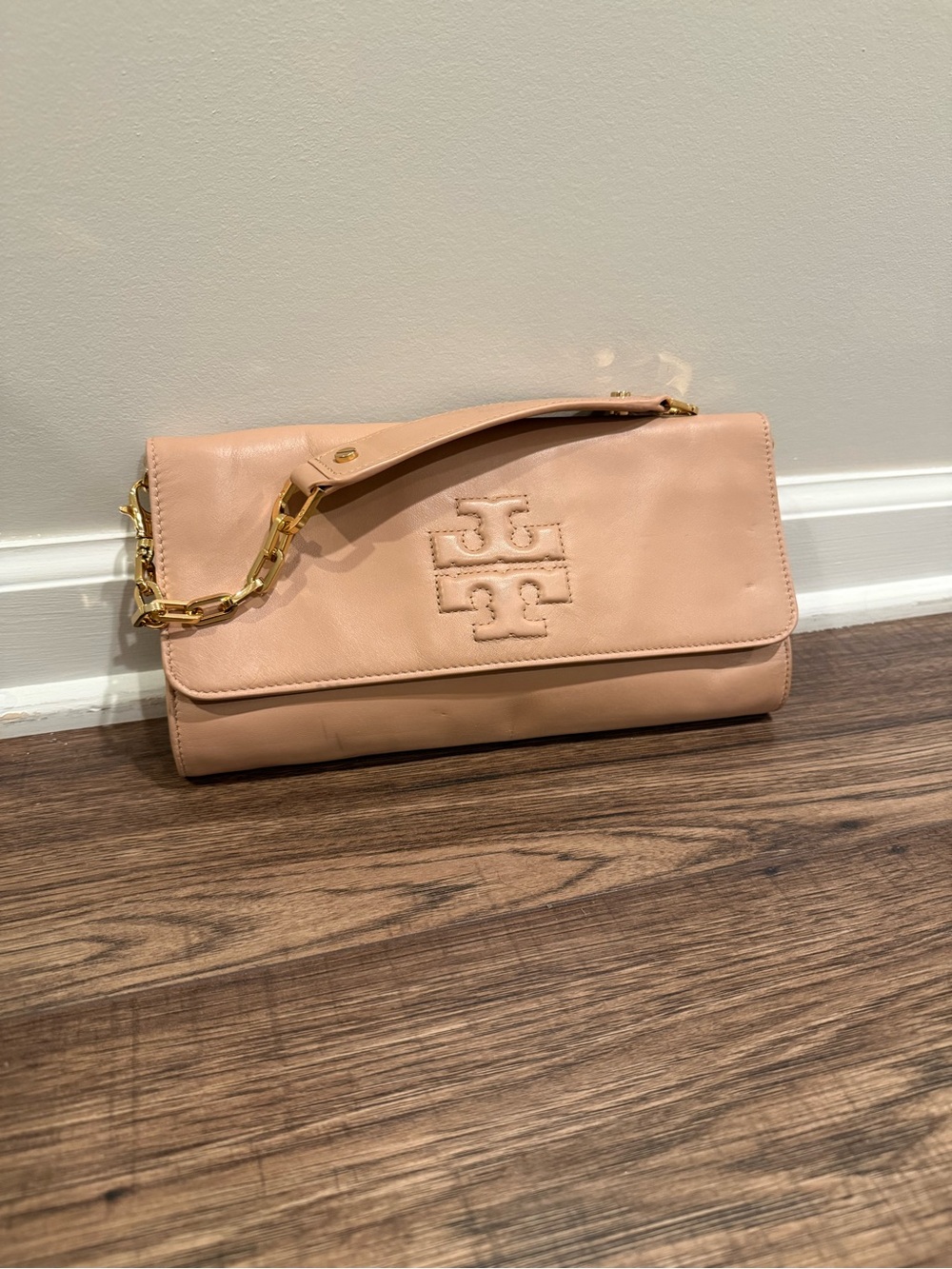 Tory Burch Blush Leather Fold-Over Wristlet with Gold Chain